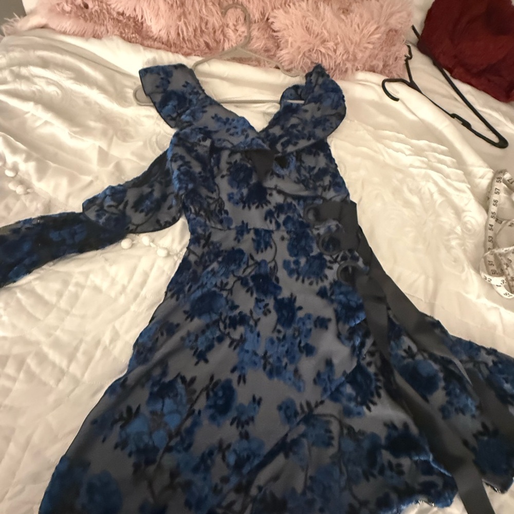 Self-Portrait One Shoulder Velvet Devoré Mini Dress Blue NWT Size 0 - Picture 12 of 17